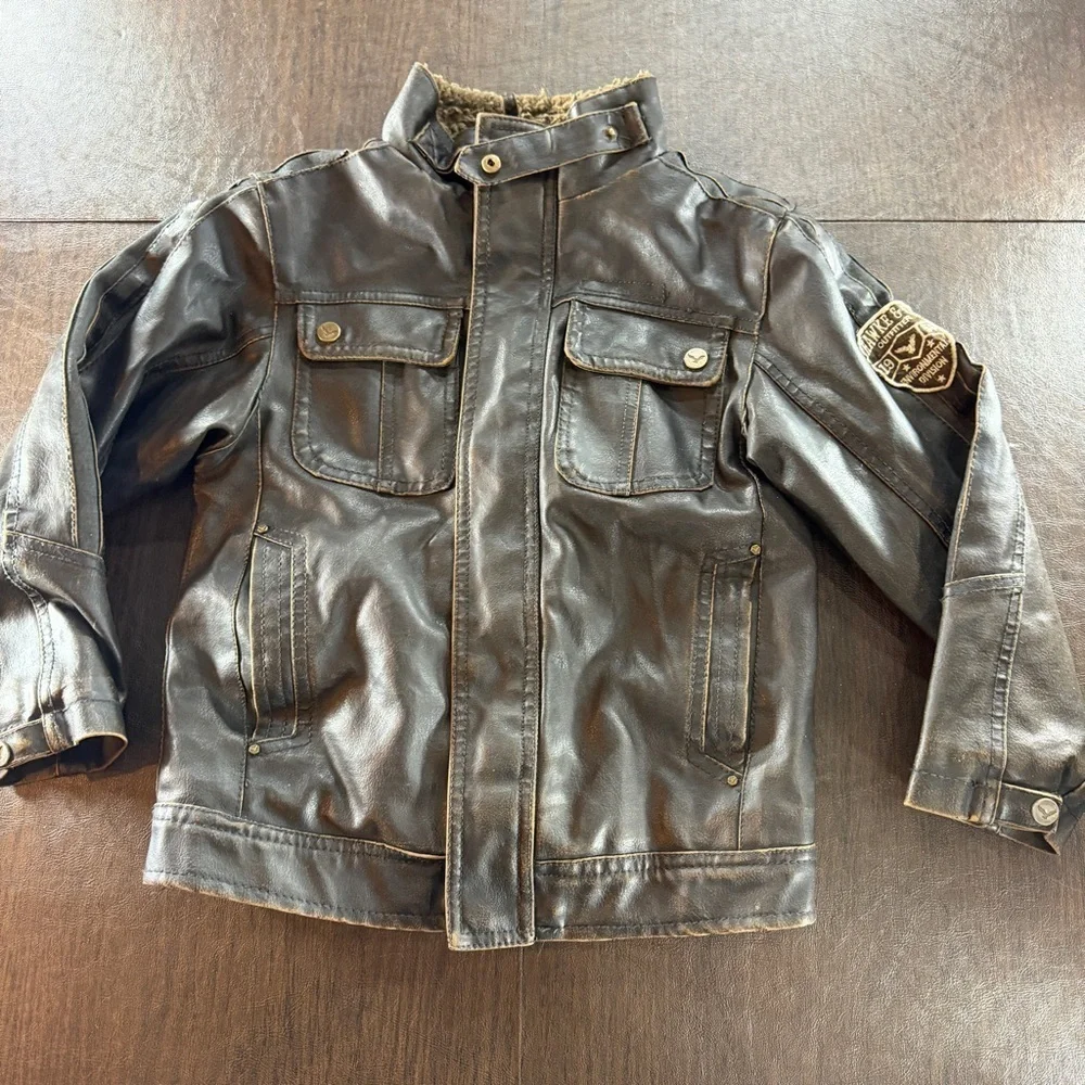 Hawke & Co Boys Helicopter Brown Faux Leather Jacket with Patch Sz 6